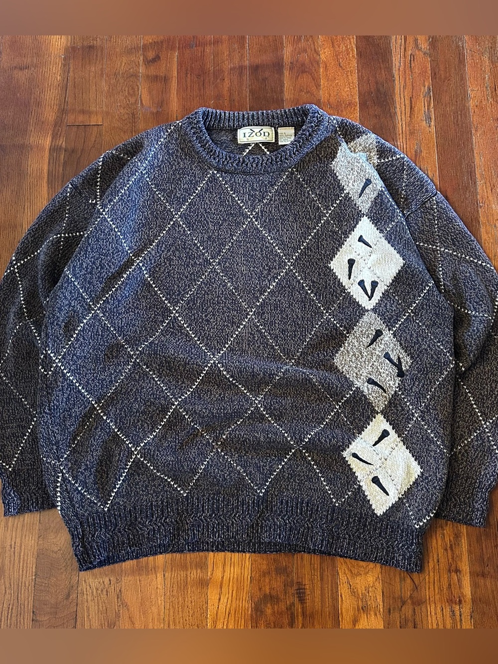Vintage 90s Izod Knit Argyle Golf Preppy Embroidered Gray Blue Crewneck Sweater